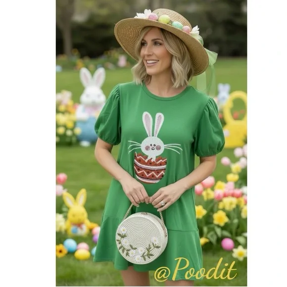 PEACH LOVE CALIFORNIA puff sleeve sequin bunny ruffle bottom trim dress S M L - Picture 1 of 7